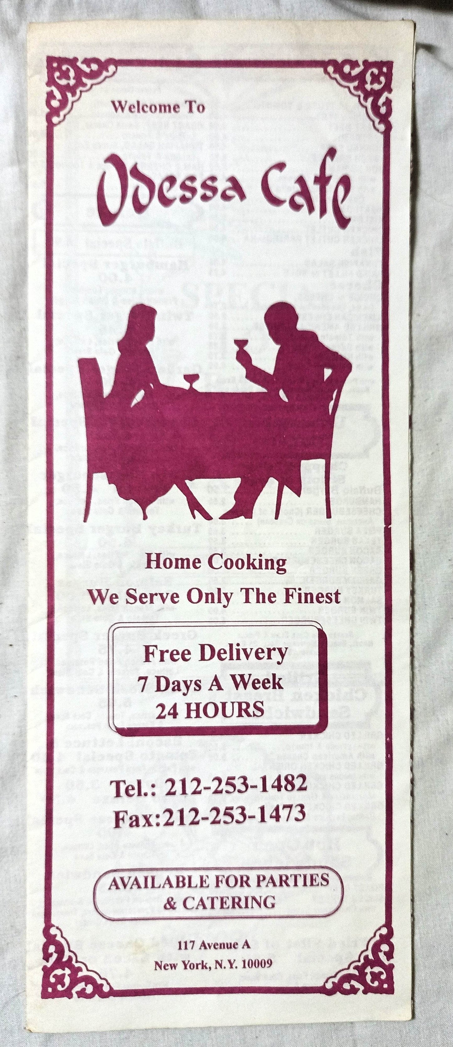 Odessa Cafe Bar Avenue A NYC Restaurant Takeout Menu Late 1990's - TulipStuff