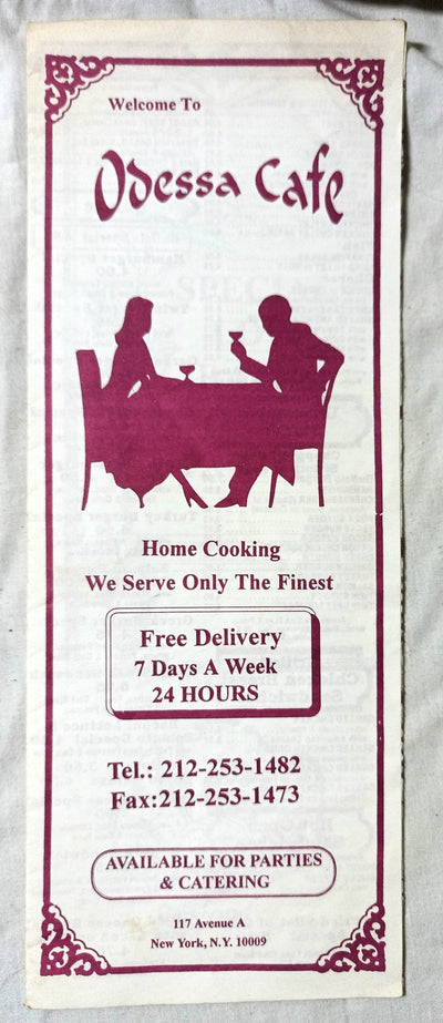 Odessa Cafe Bar Avenue A NYC Restaurant Takeout Menu Late 1990's - TulipStuff