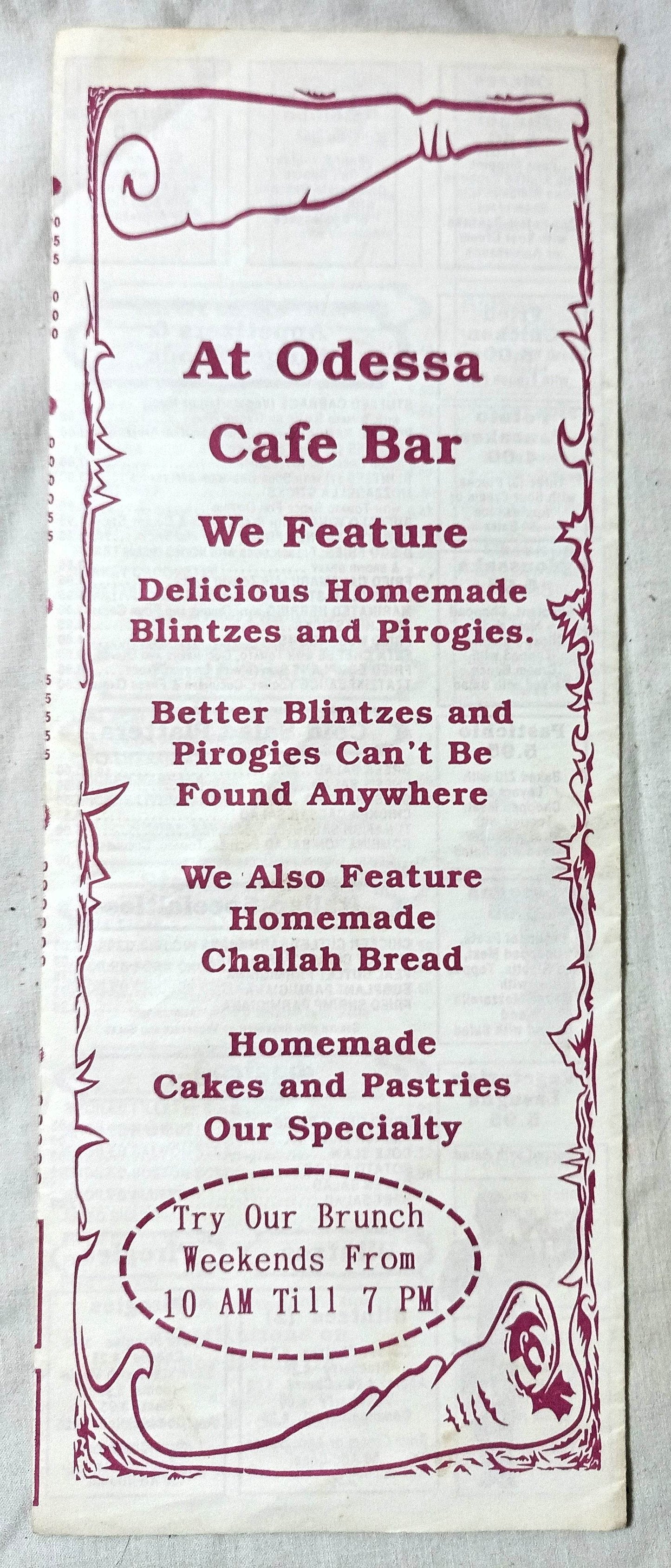 Odessa Cafe Bar Avenue A NYC Restaurant Takeout Menu Late 1990's - TulipStuff