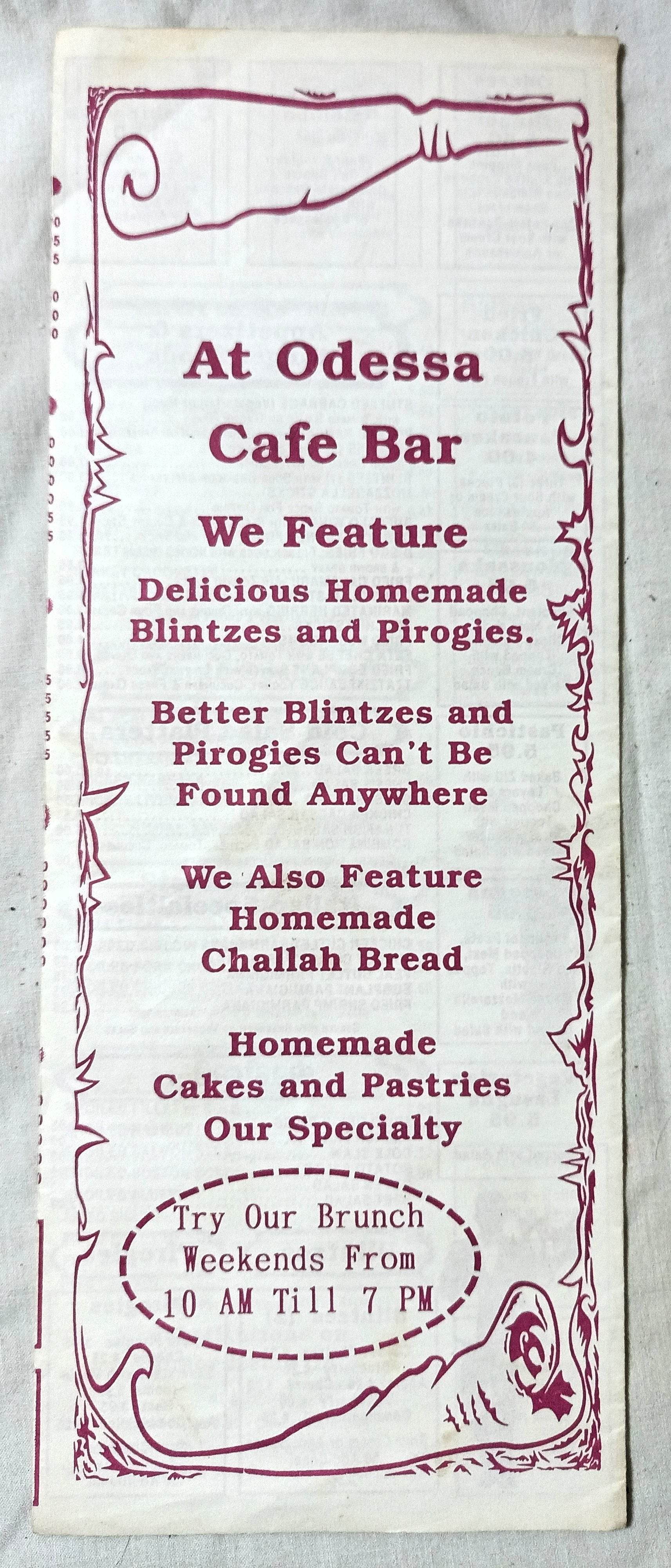 Odessa Cafe Bar Avenue A NYC Restaurant Takeout Menu Late 1990's - TulipStuff