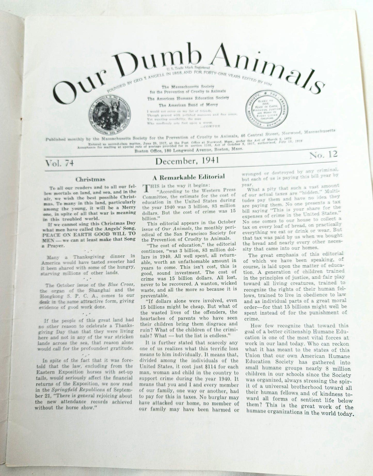 Our Dumb Animals Magazine December 1941 Xmas Issue Water Buffalo Pets - TulipStuff