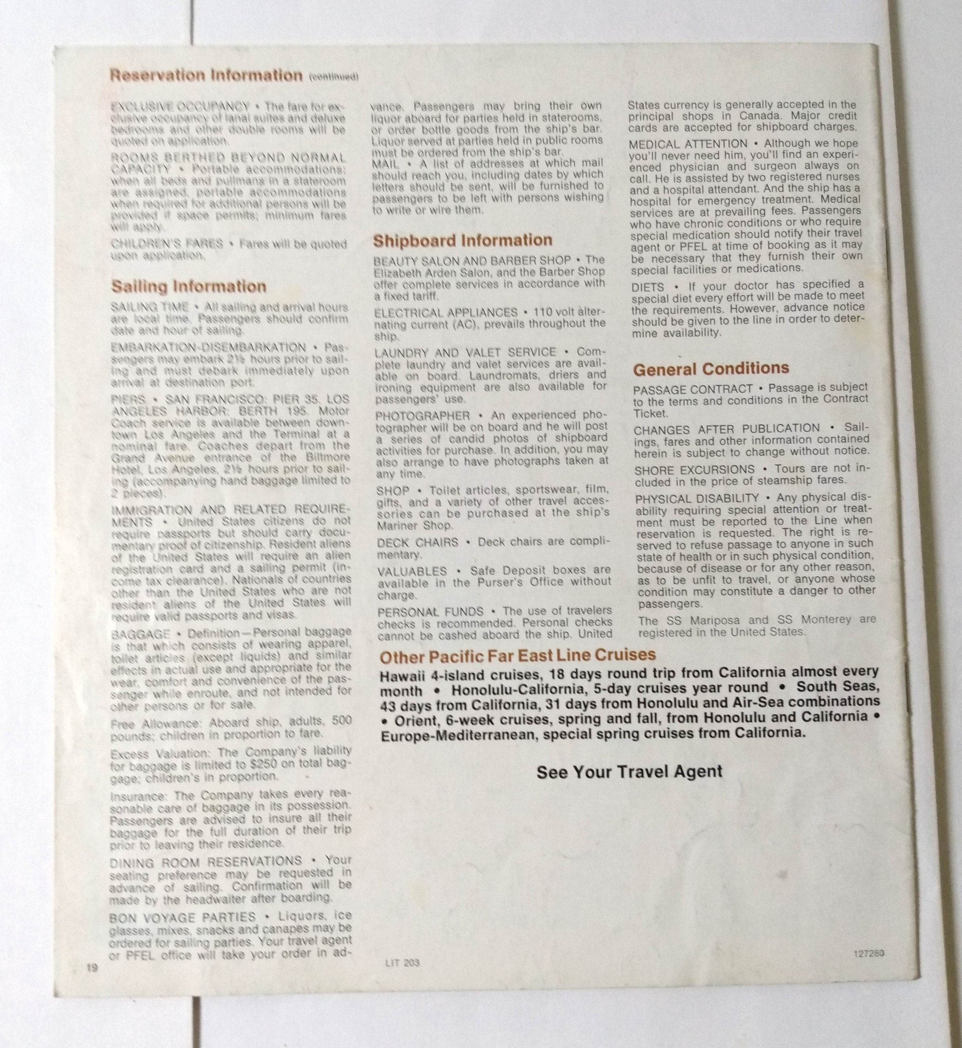 Pacific Far East Line Mariposa Monterey 1974 Alaska Cruises Brochure - TulipStuff