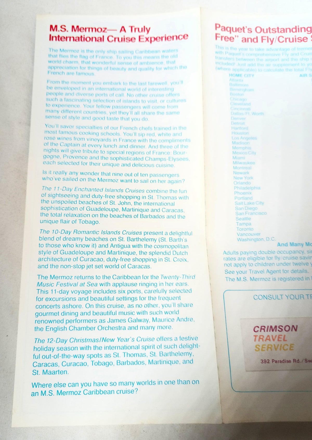 Paquet French Cruises MS Mermoz Winter/Spring 1982/83 Caribbean Brochure - TulipStuff