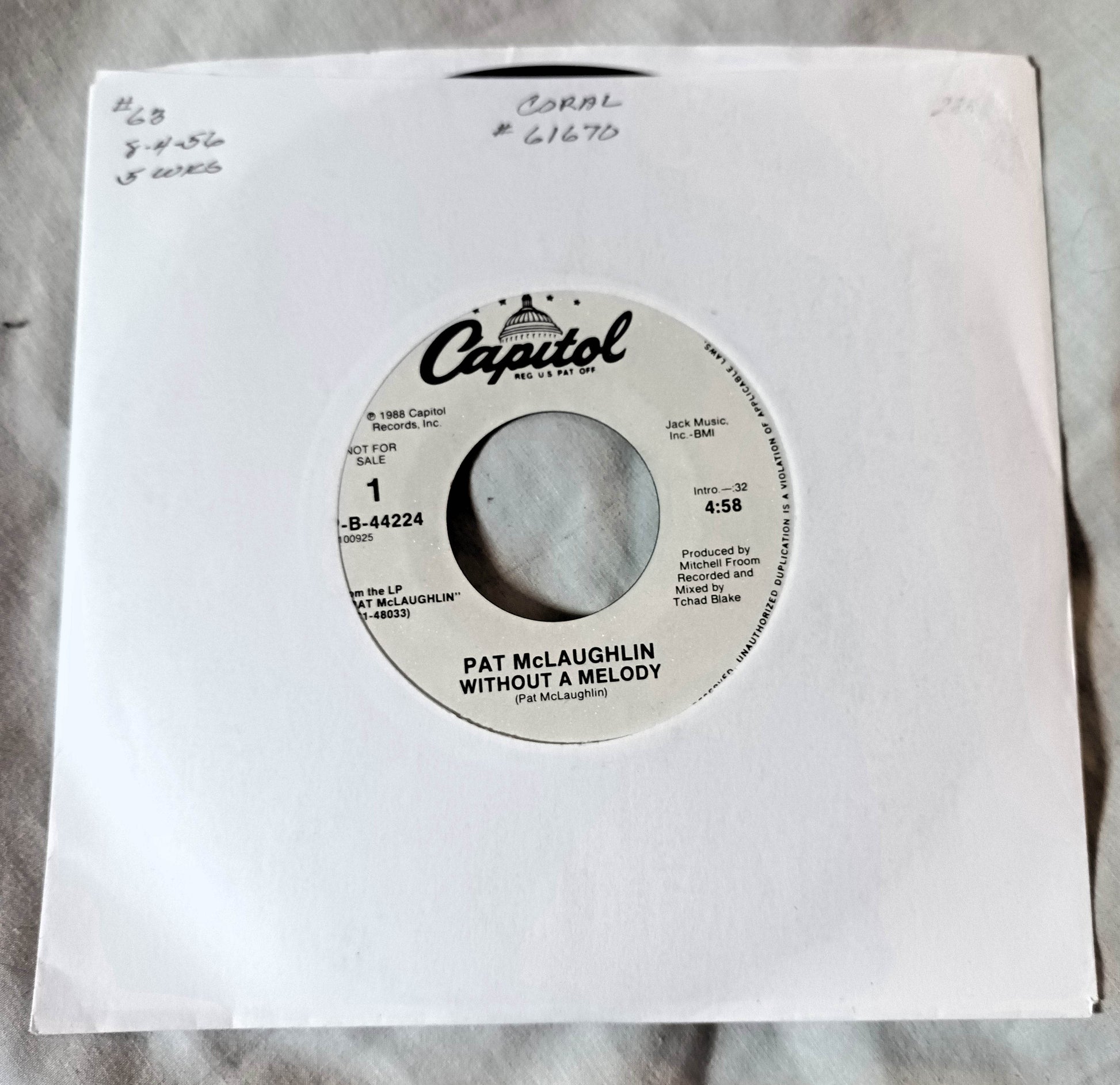 Pat McLaughlin Without A Melody Country Pop Rock 7" Vinyl Promo 1988 -TulipStuff