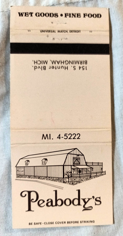Peabody's Birmingham Michigan Matchbook Cover Early 1960's - TulipStuff