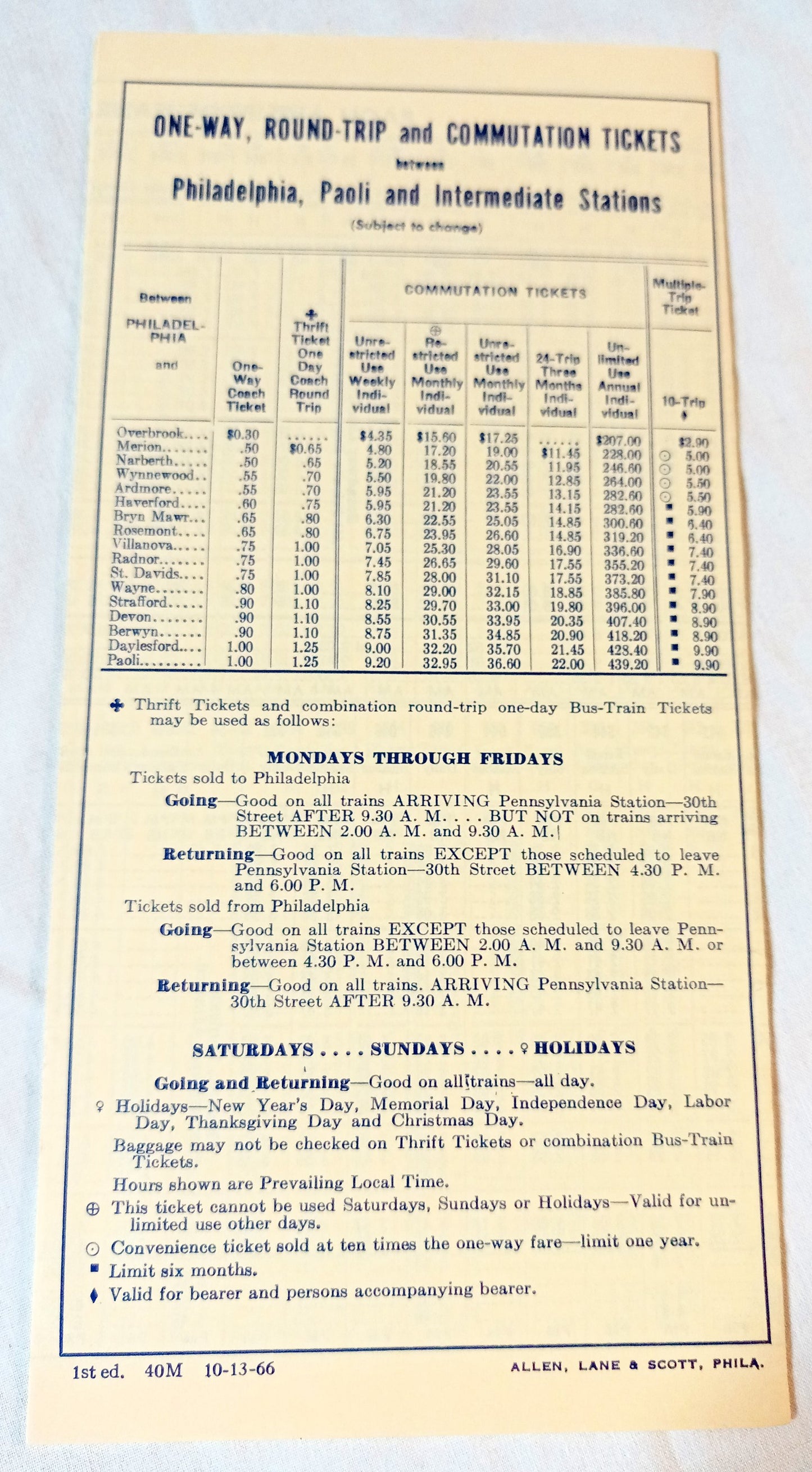 Pennsylvania Railroad Paoli Bryn Mawr Philadelphia Timetable 1966 - Tuliptuff