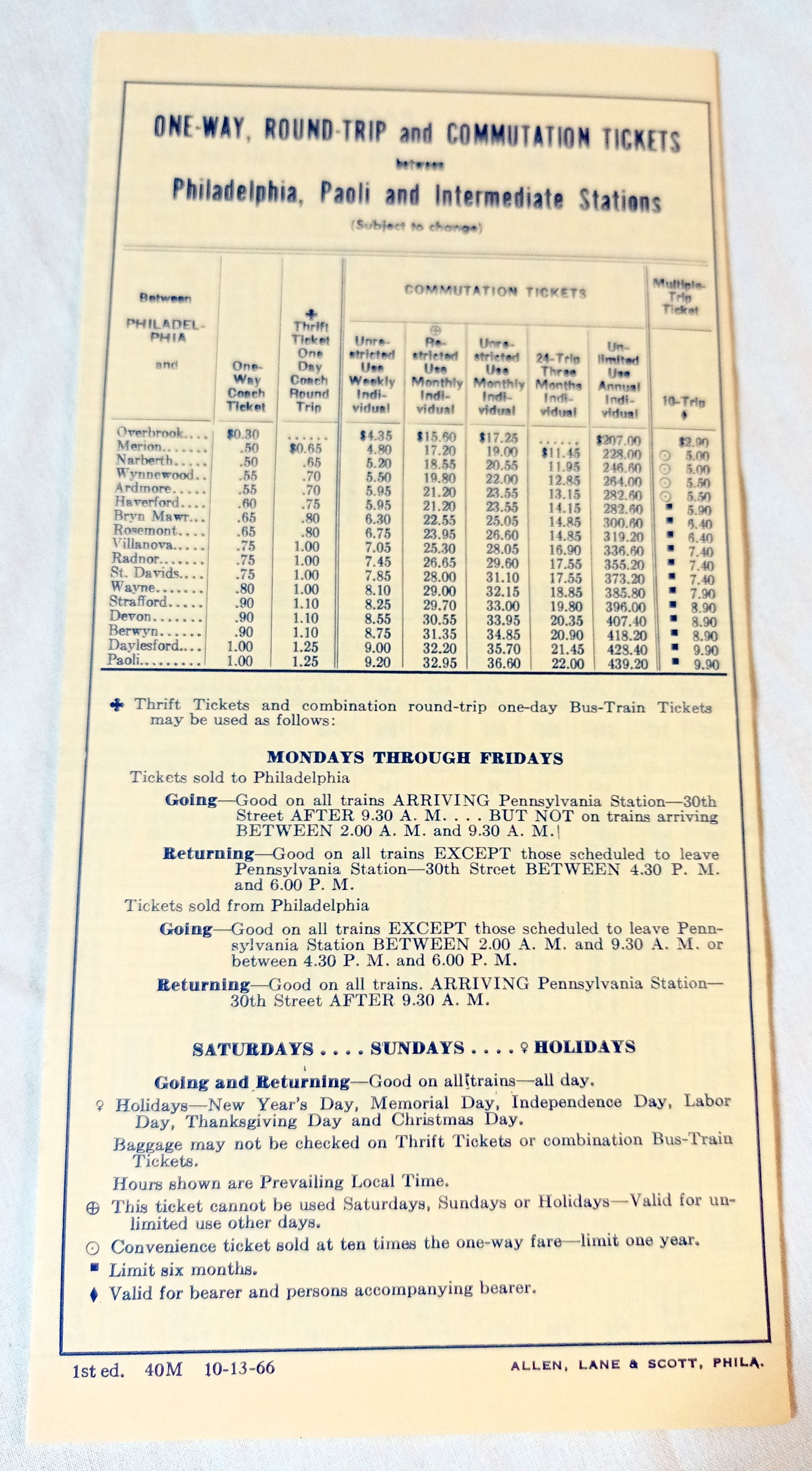 Pennsylvania Railroad Paoli Bryn Mawr Philadelphia Timetable 1966 - Tuliptuff