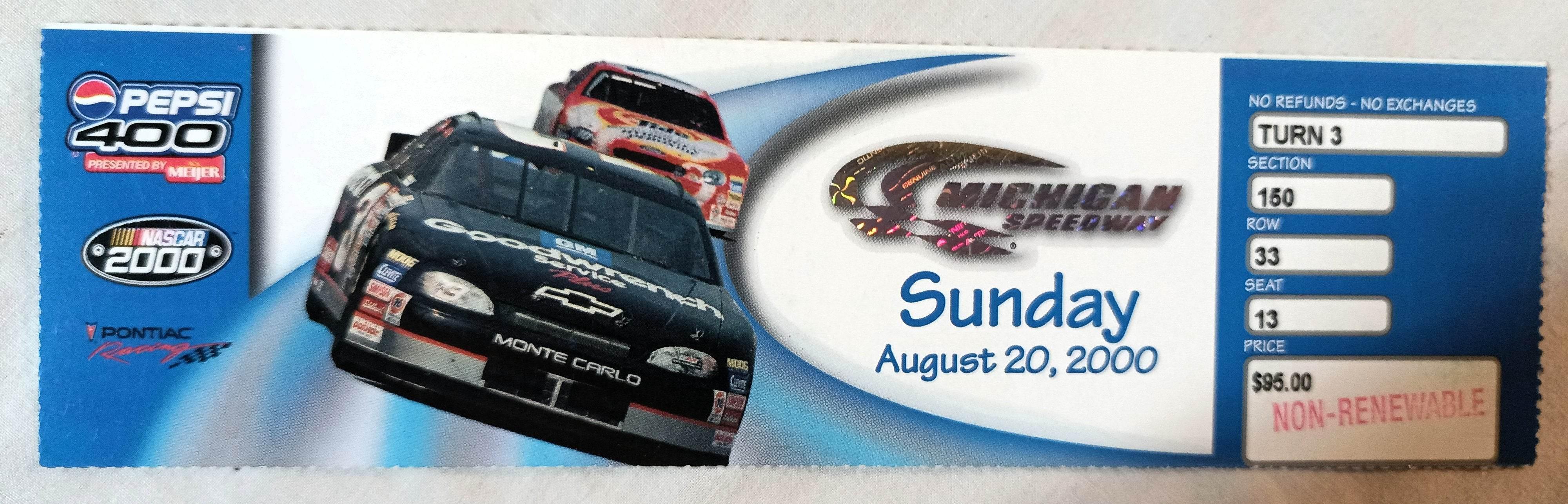 Pepsi 400 Nascar Stock Car Race 2000 Michigan Speedway Ticket Stub ...