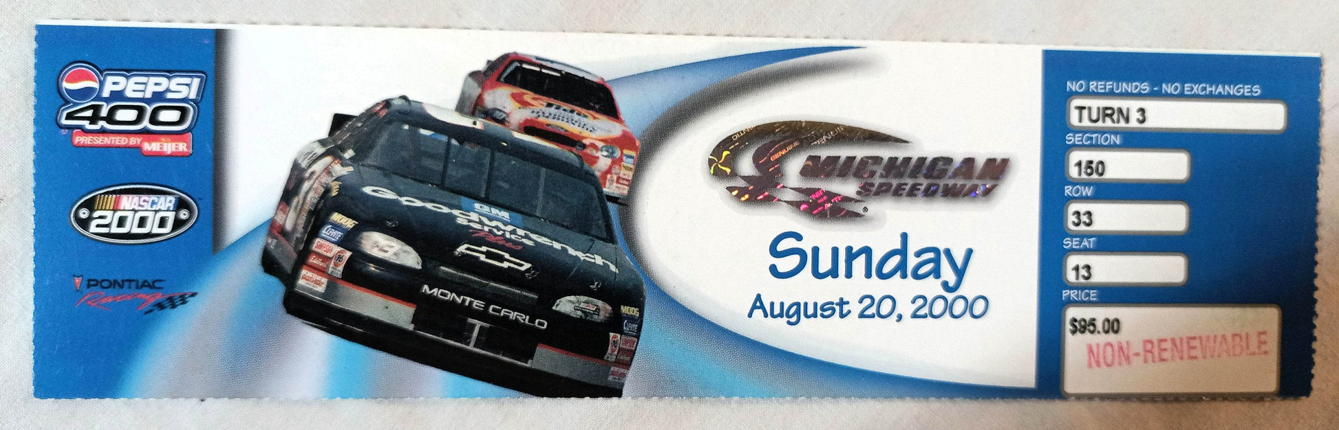 Pepsi 400 Nascar Stock Car Race 2000 Michigan Speedway Ticket Stub - TulipStuff