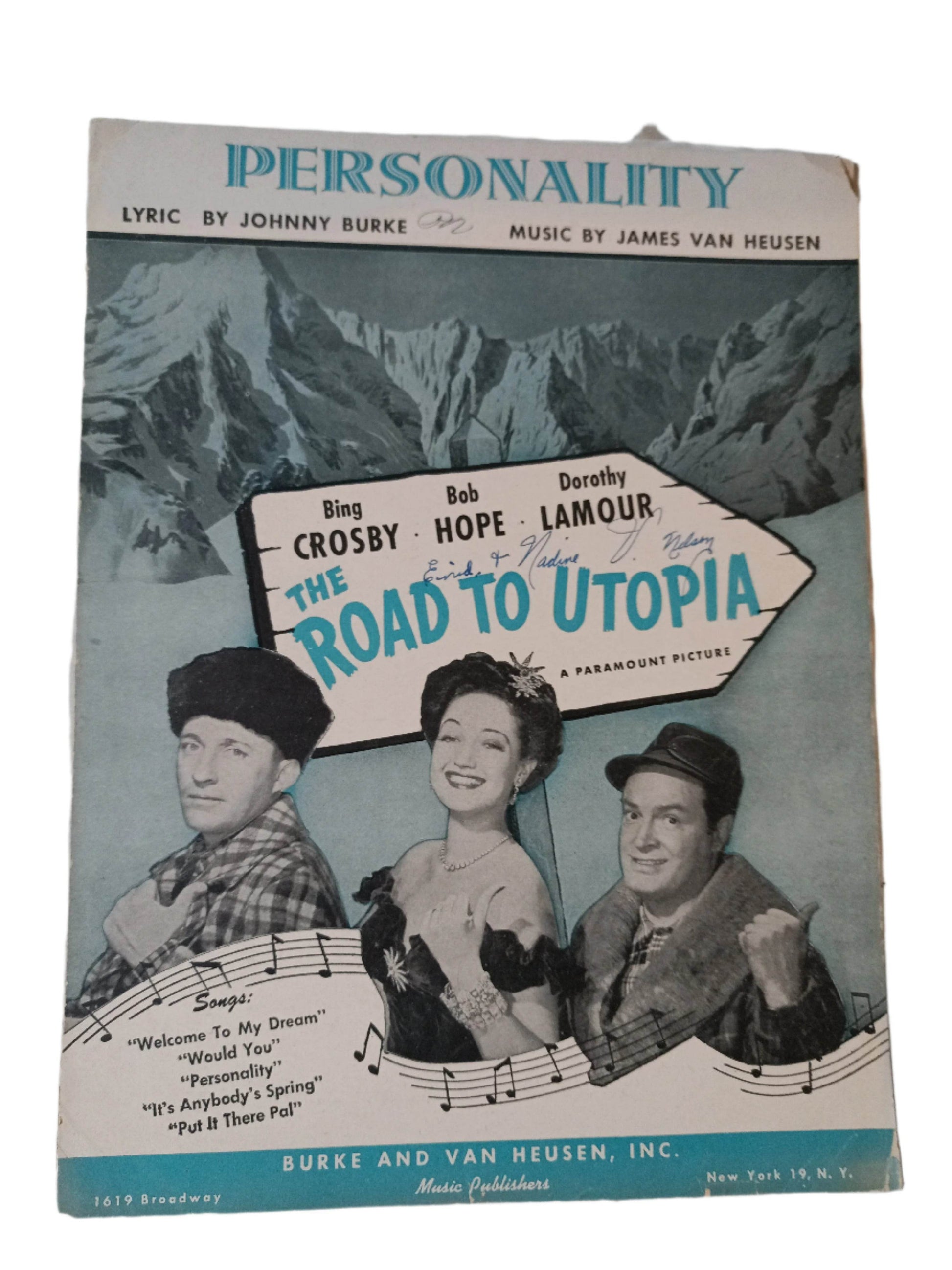 Personality Road To Utopia Bing Crosby Bob Hope Sheet Music 1945 - TulipStuff