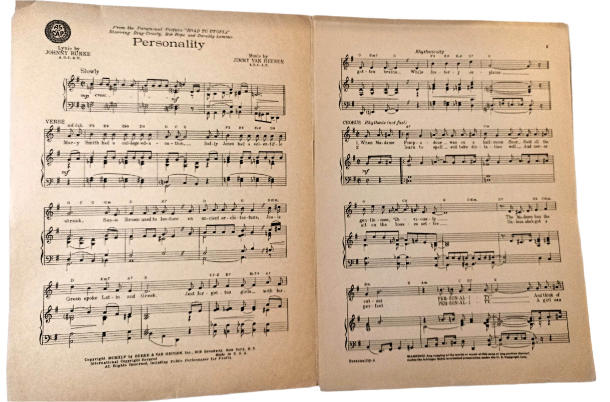 Personality Road To Utopia Bing Crosby Bob Hope Sheet Music 1945 - TulipStuff