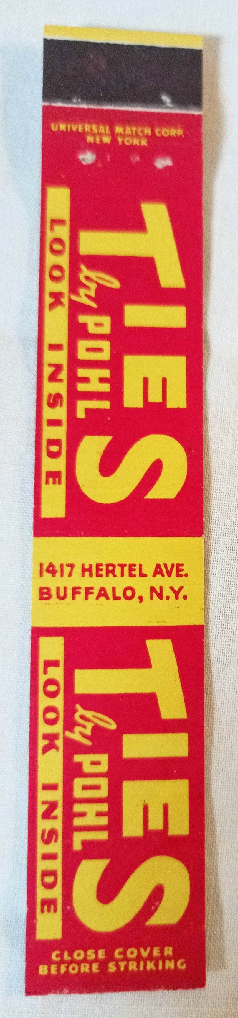Ties By Pohl Tie Shop Hertel Ave Buffalo NY Matchbook Cover 1950's - TulipStuff
