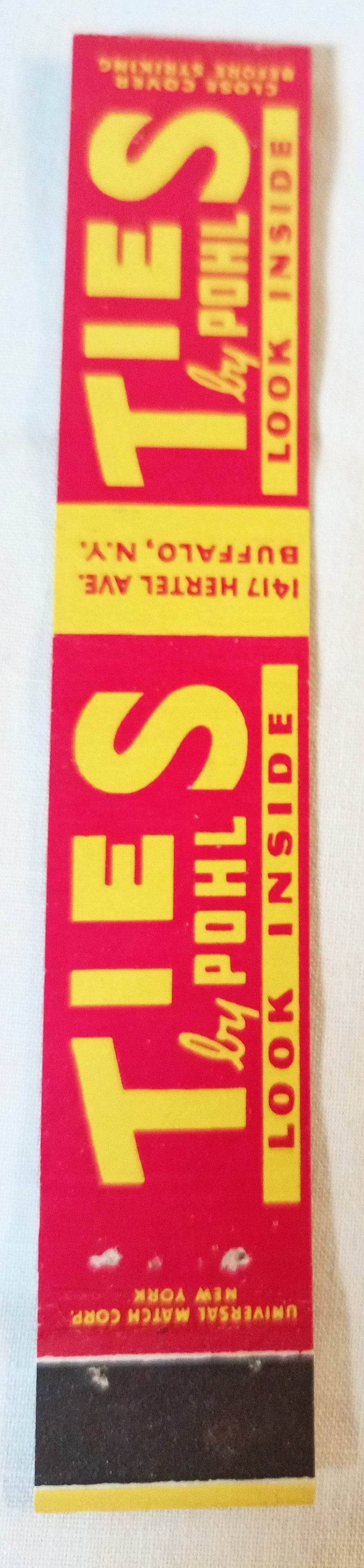 Ties By Pohl Tie Shop Hertel Ave Buffalo NY Matchbook Cover 1950's - TulipStuff