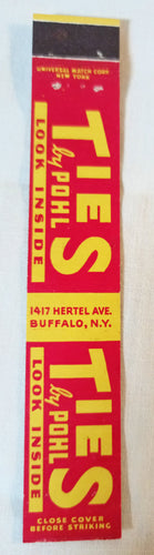 Ties By Pohl Tie Shop Hertel Ave Buffalo NY Matchbook Cover 1950's - TulipStuff