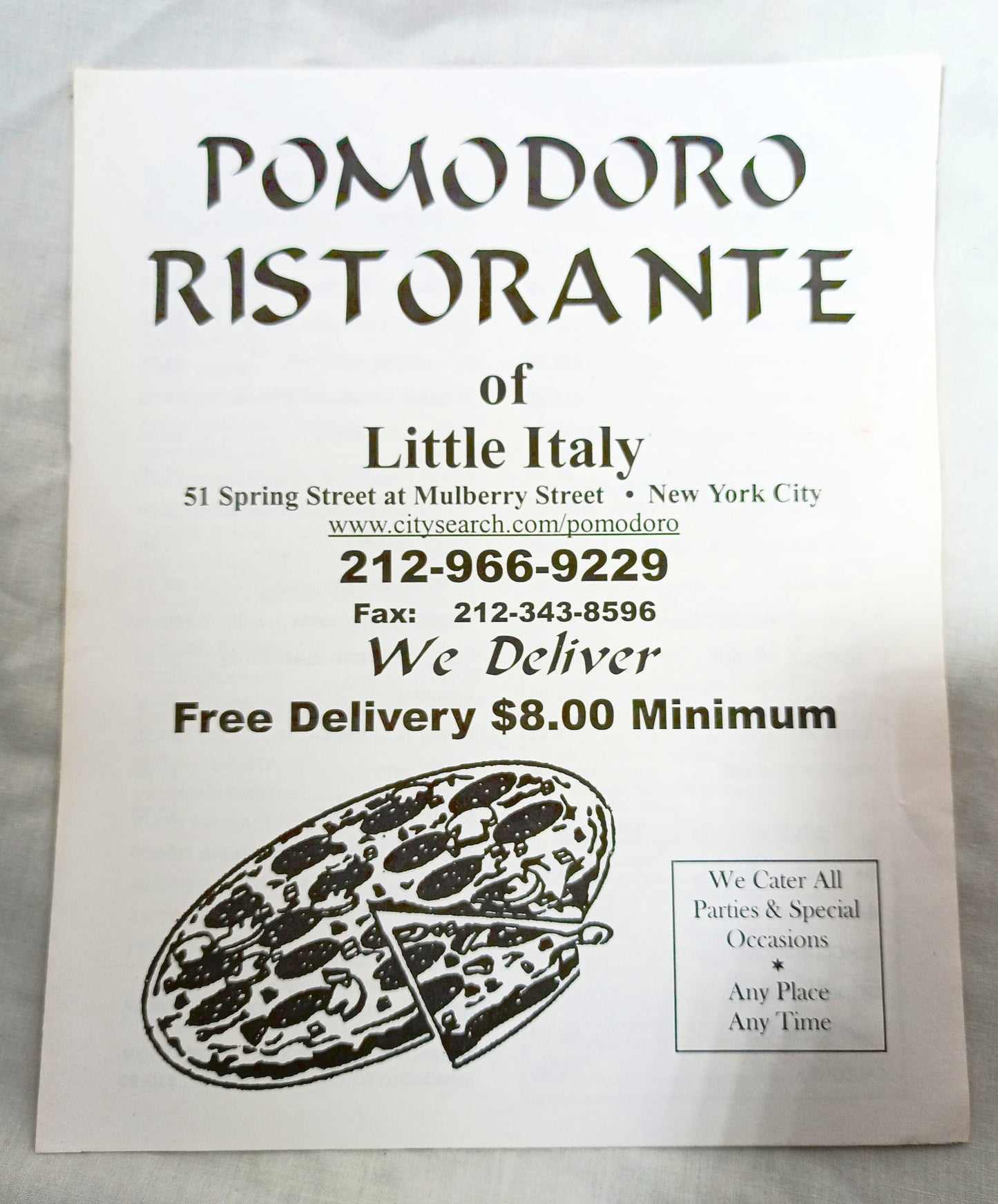 Pomodoro Ristorante & Pizzeria Of Little Italy NYC Takeout Menu 2000's - TulipStuff