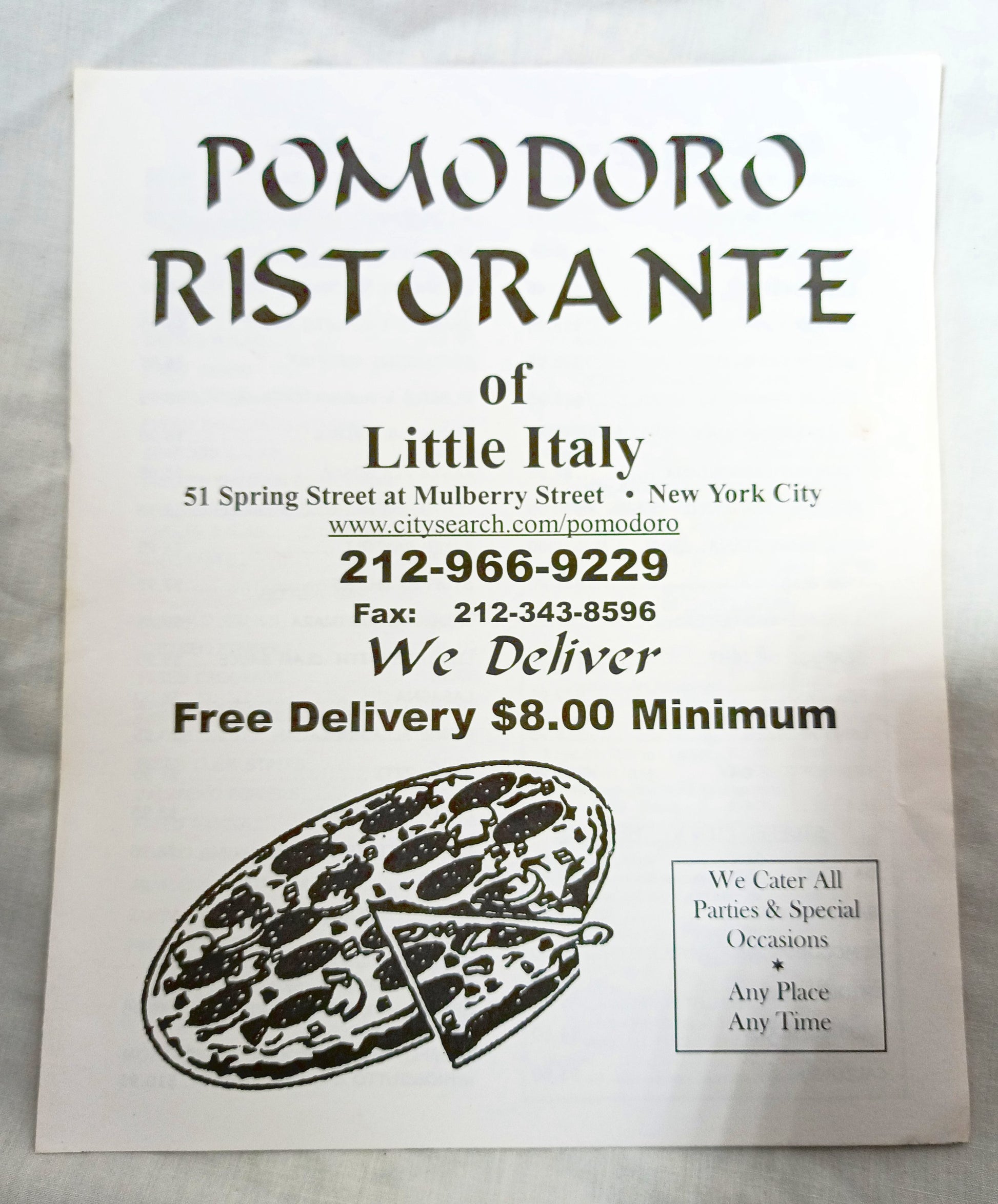 Pomodoro Ristorante & Pizzeria Of Little Italy NYC Takeout Menu 2000's - TulipStuff