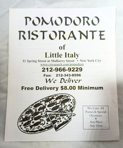 Pomodoro Ristorante & Pizzeria Of Little Italy NYC Takeout Menu 2000's - TulipStuff