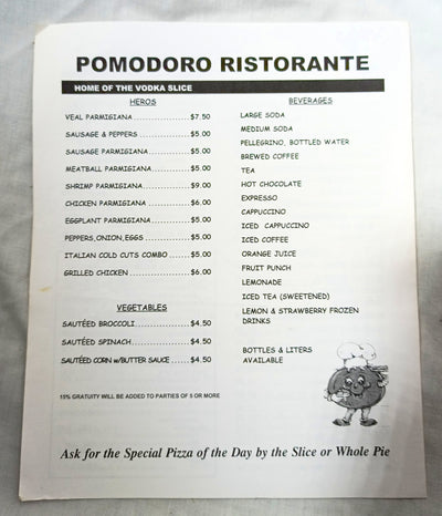 Pomodoro Ristorante & Pizzeria Of Little Italy NYC Takeout Menu 2000's - TulipStuff