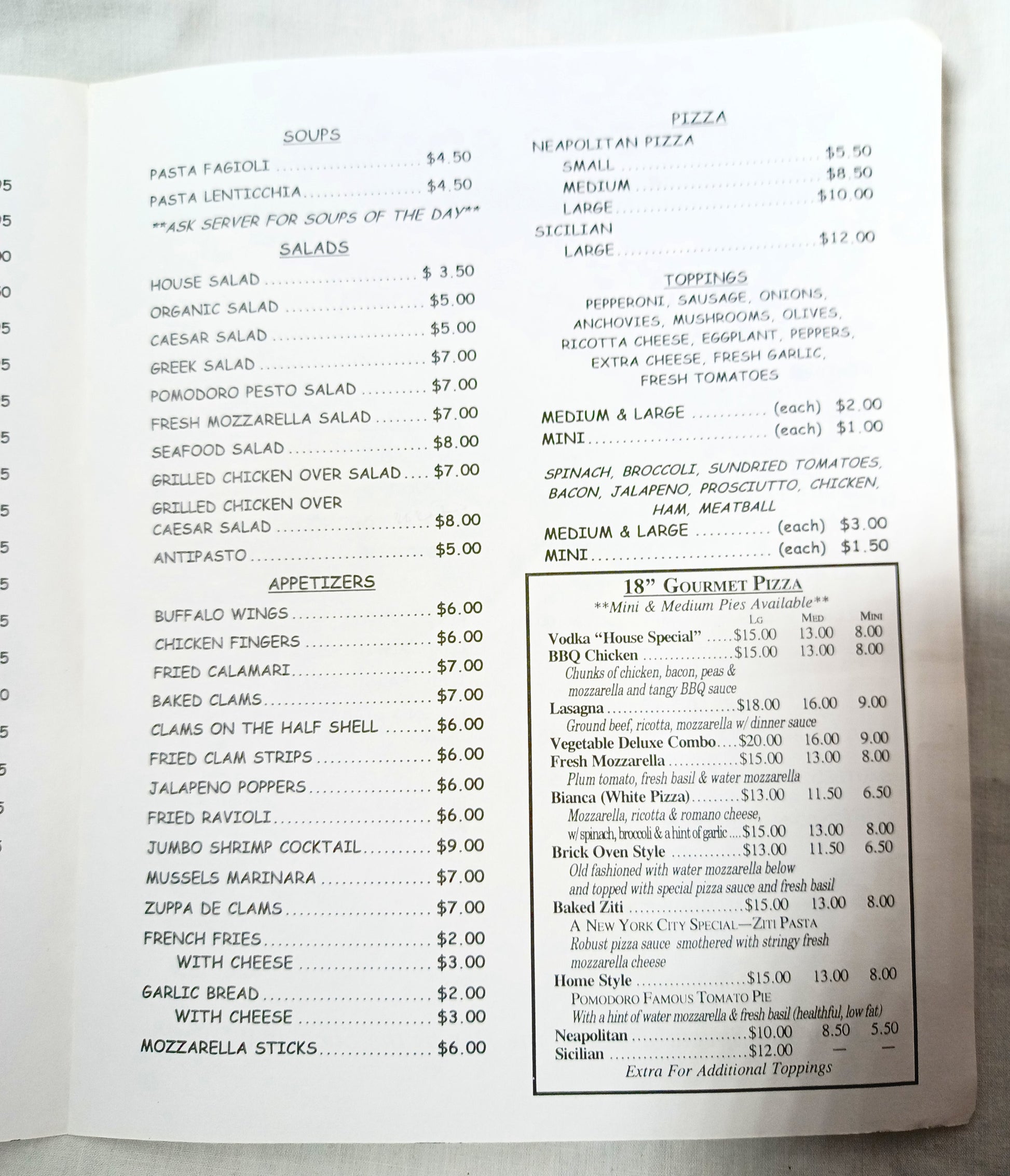 Pomodoro Ristorante & Pizzeria Of Little Italy NYC Takeout Menu 2000's - TulipStuff