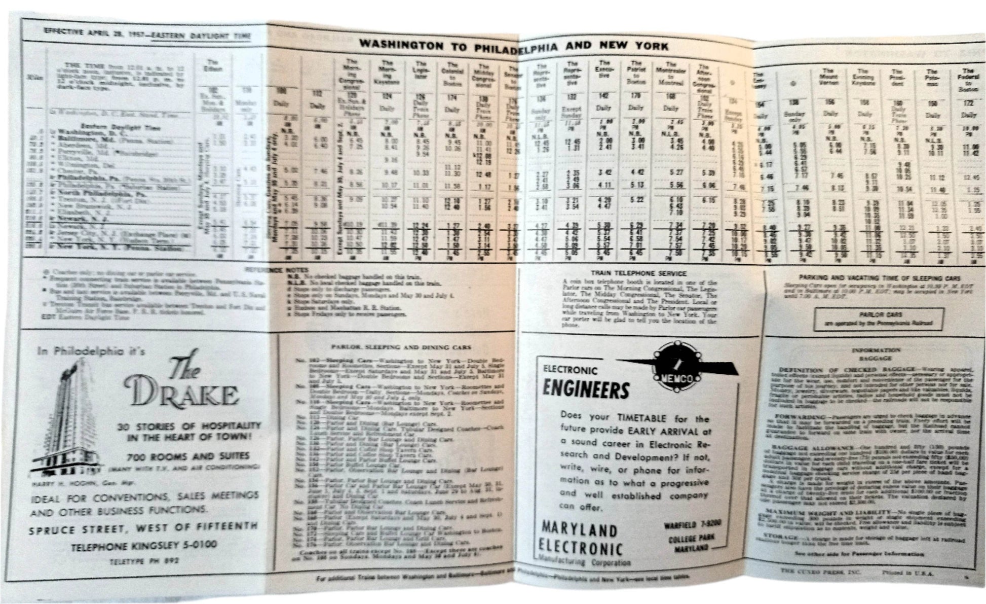 Pennsylvania Railroad New York Philadelphia Washington Timetable 1957 - TulipStuff