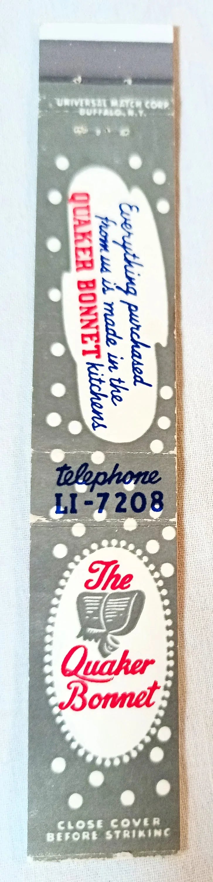 The Quaker Bonnet Restaurant Bakery Buffalo NY Matchbook Cover 1950's - TulipStuff
