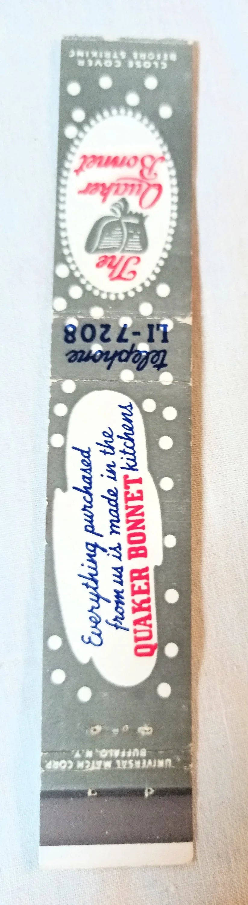 The Quaker Bonnet Restaurant Bakery Buffalo NY Matchbook Cover 1950's - TulipStuff