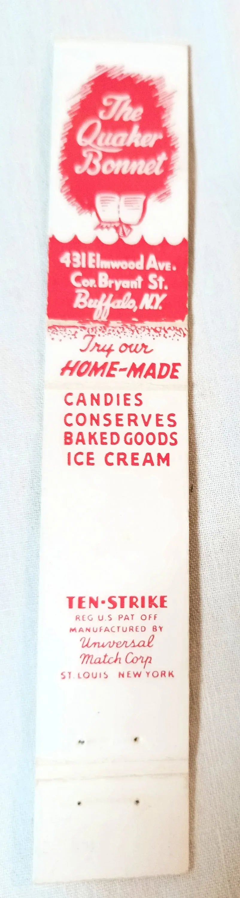 The Quaker Bonnet Restaurant Bakery Buffalo NY Matchbook Cover 1950's - TulipStuff