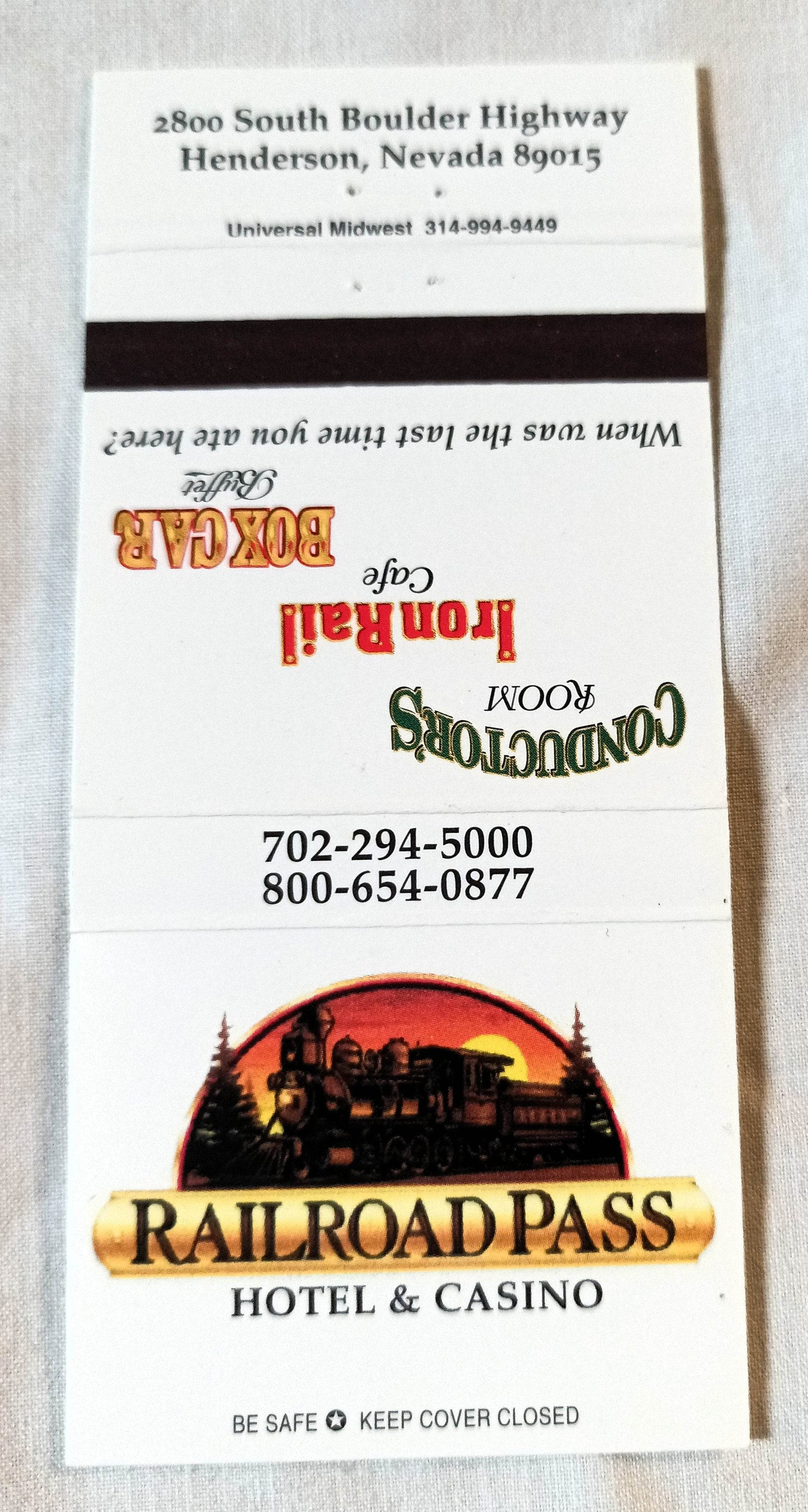 Railroad Pass Hotel and Casino Henderson Nevada Matchbook Cover 1990's - TulipStuff