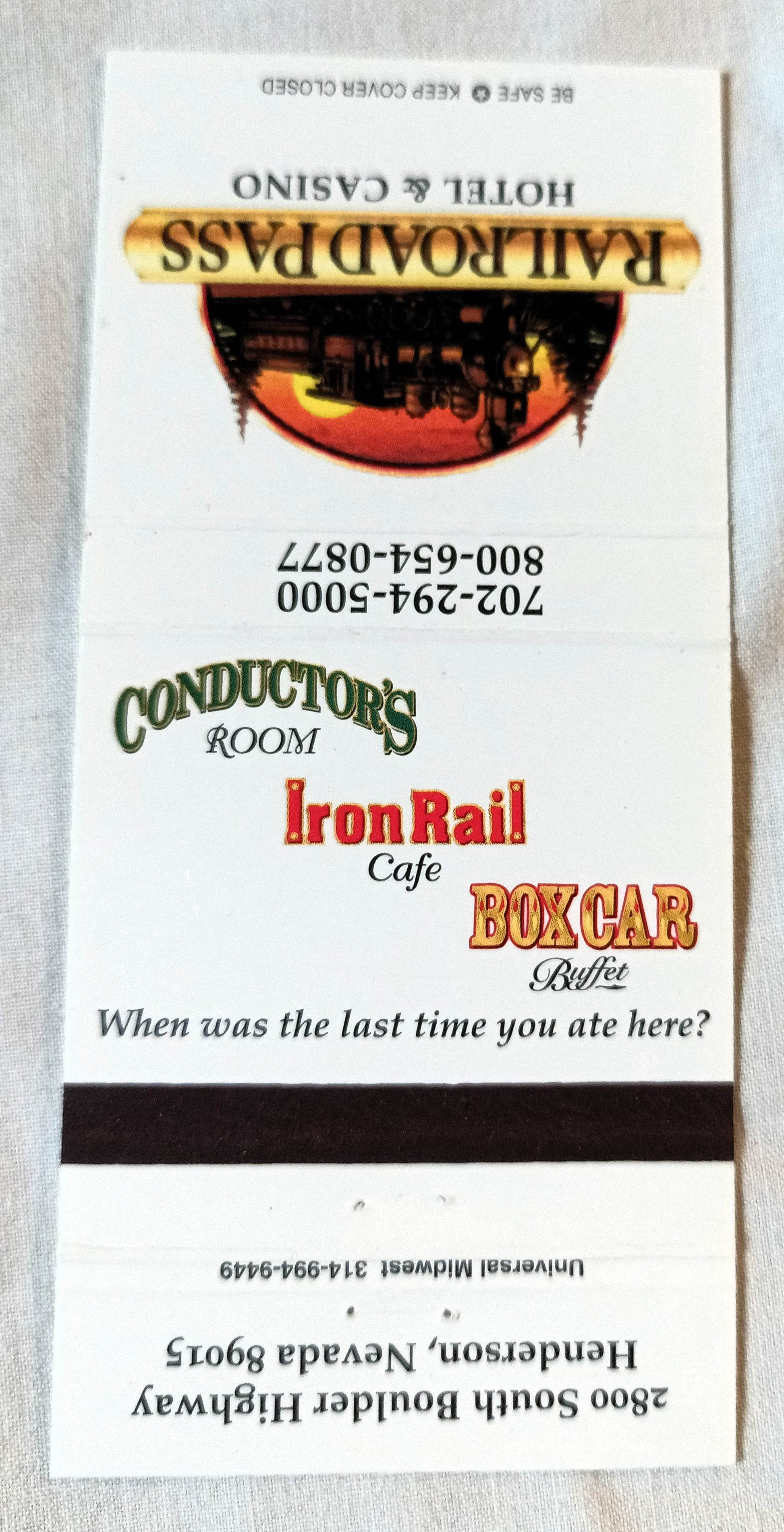 Railroad Pass Hotel and Casino Henderson Nevada Matchbook Cover 1990's - TulipStuff