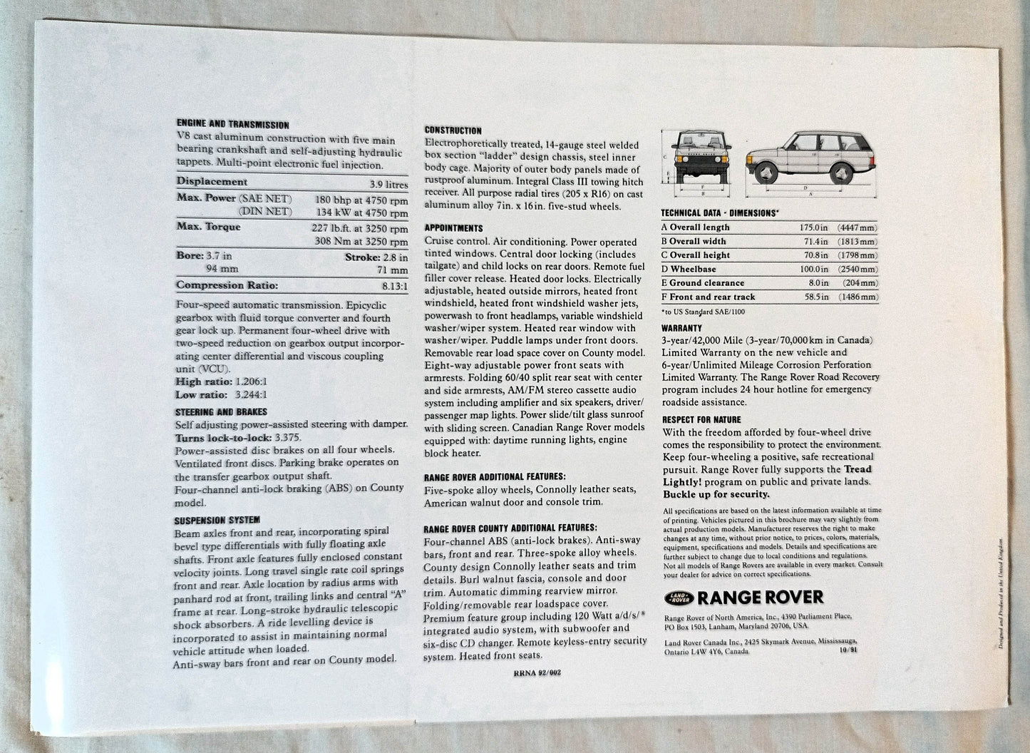Range Rover / Range Rover Country 1992 Dealer Sales Brochure - TulipStuff