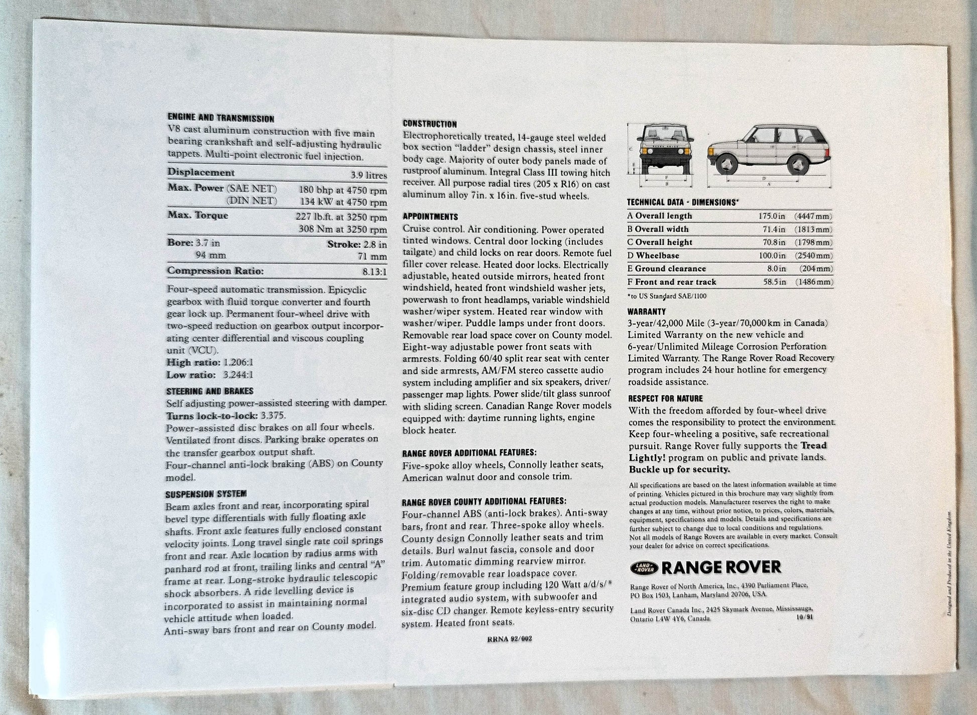 Range Rover / Range Rover Country 1992 Dealer Sales Brochure - TulipStuff