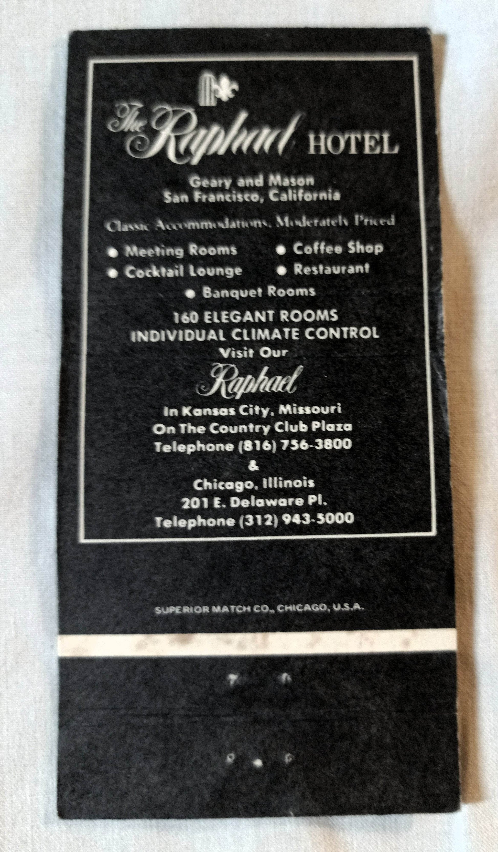 Raphael Hotel San Francisco Geary and Mason Matchbook Cover 1980's - TulipStuff