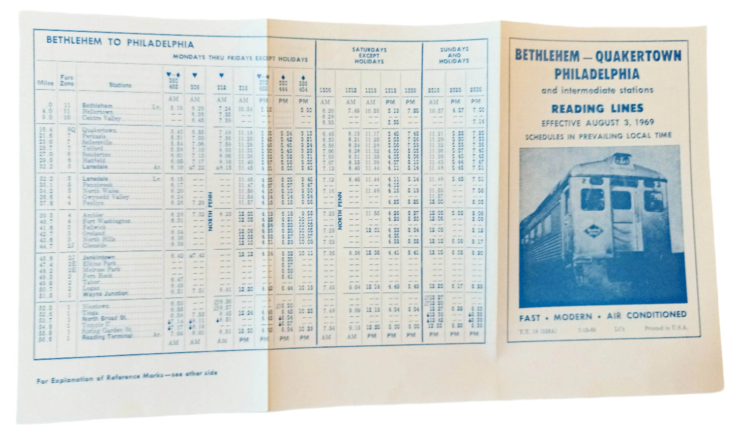 Reading Lines 1969 Timetable Bethlehem Quakertown Philadelphia - TulipStuff
