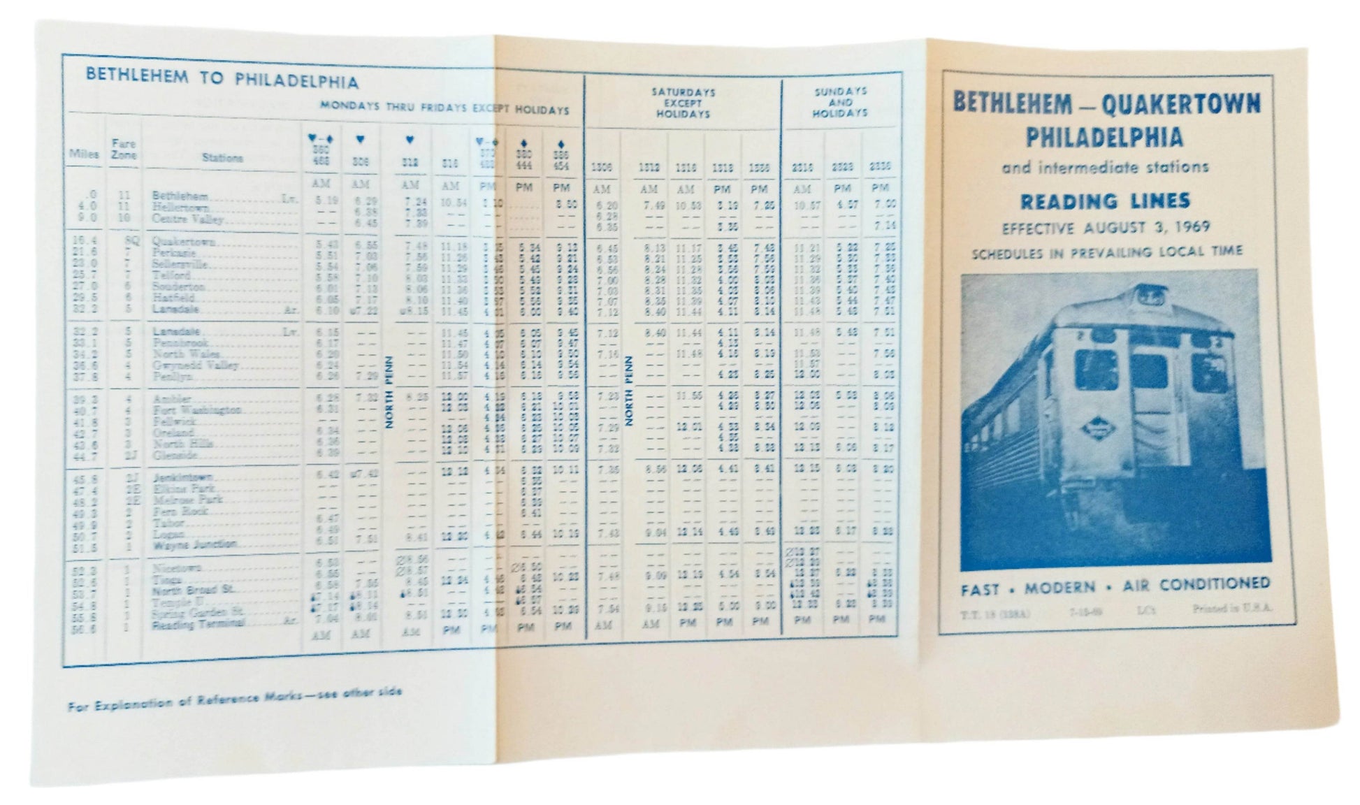 Reading Lines 1969 Timetable Bethlehem Quakertown Philadelphia - TulipStuff