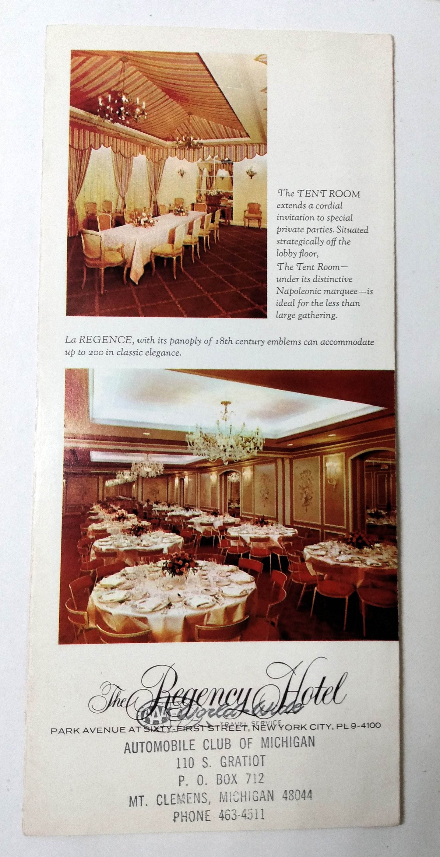 Regency Hotel Park Avenue Upper East Side New York Mid 1960's Brochure - TulipStuff