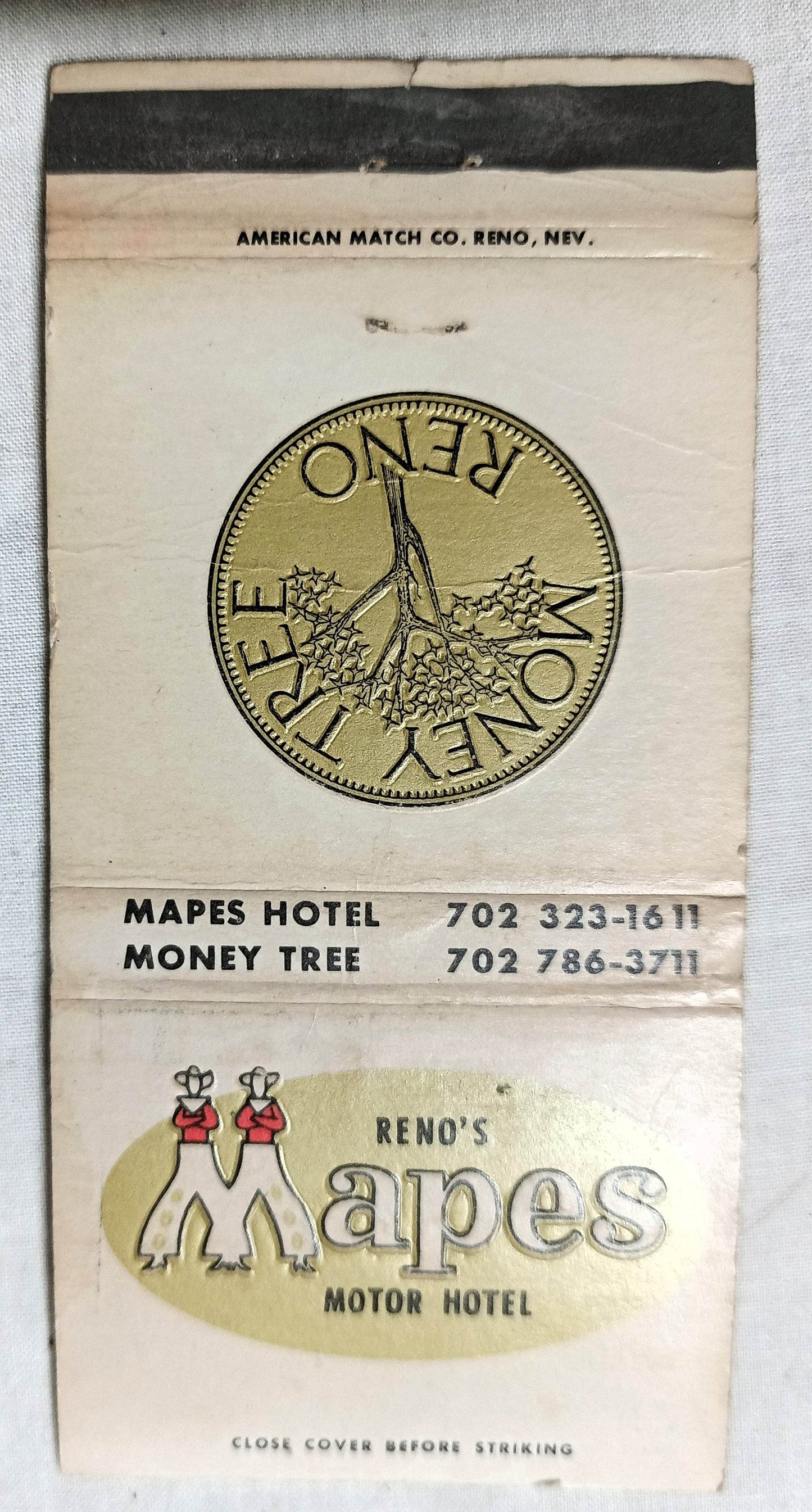 Reno Mapes Motor Hotel Money tree Casino Matchbook Cover 1978 - TulipStuff