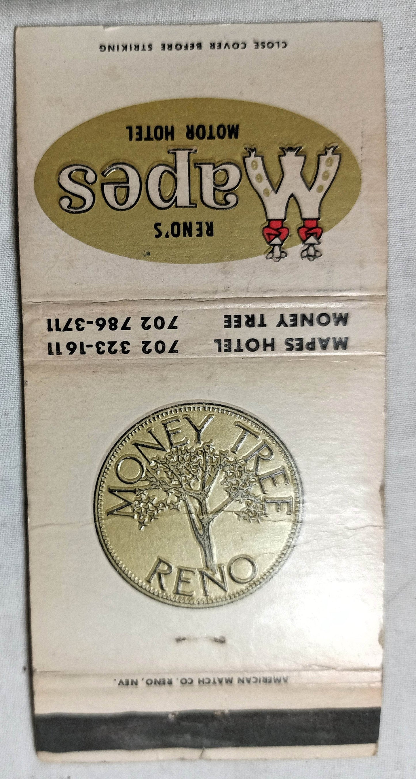 Reno Mapes Motor Hotel Money tree Casino Matchbook Cover 1978 - TulipStuff