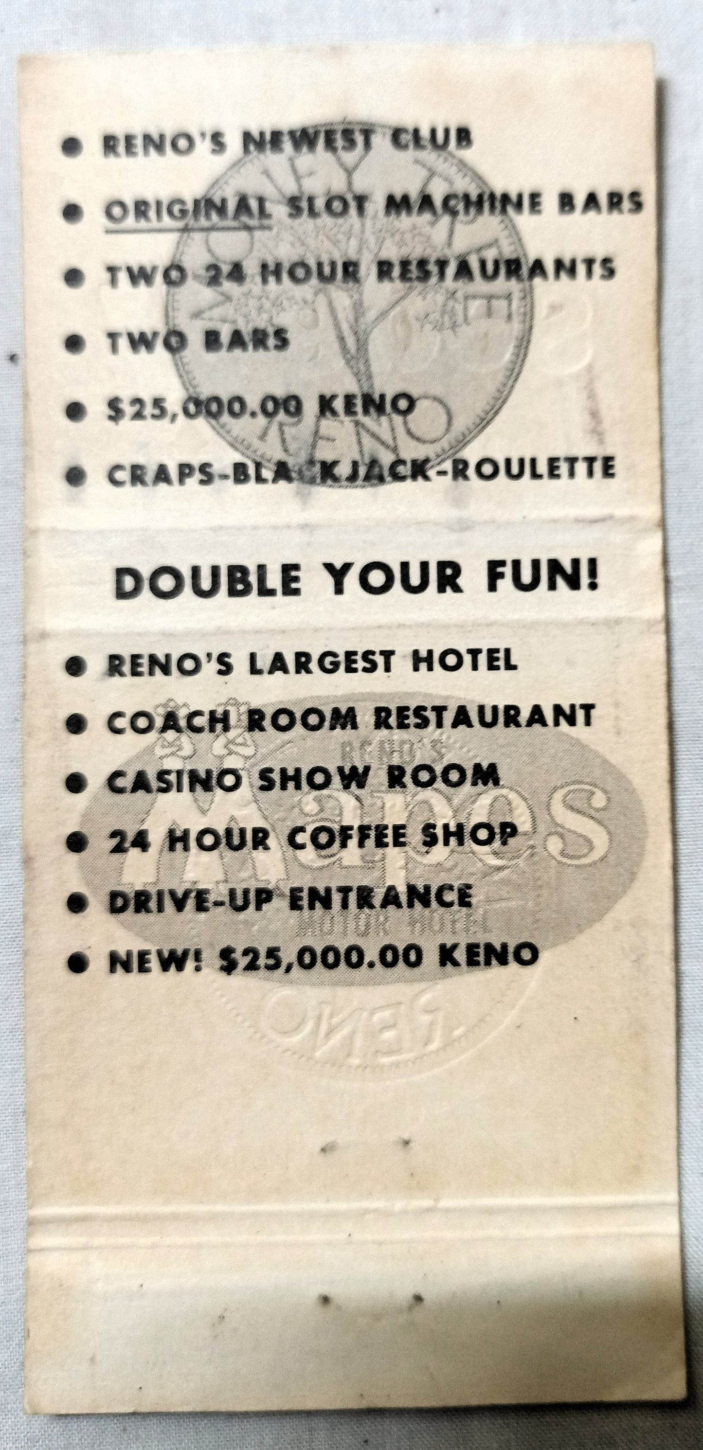 Reno Mapes Motor Hotel Money tree Casino Matchbook Cover 1978 - TulipStuff