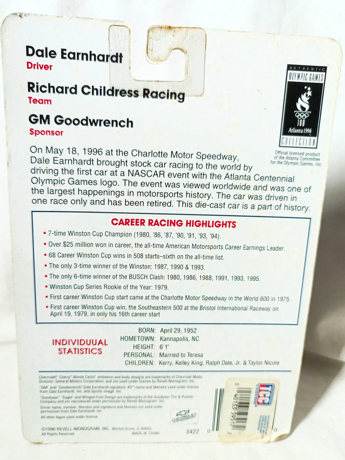 Revell NASCAR 1996 Atlanta Olympics Dale Earnhardt #3 Goodwrench - TulipStuff