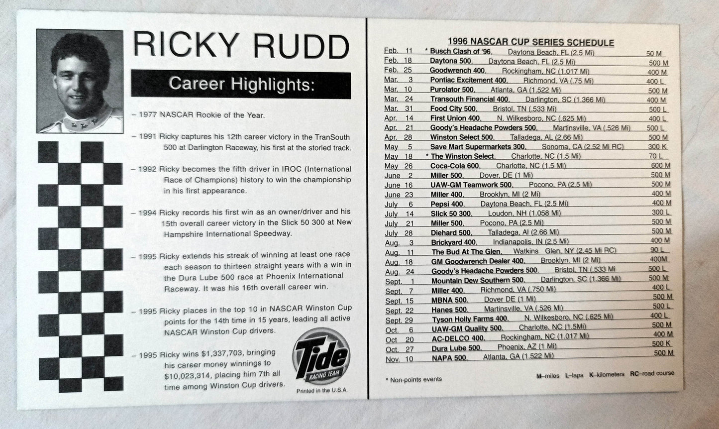 Ricky Rudd Tide Racing Team NASCAR 1996 Photo Card Handout 10X5.75 - TulipStuff