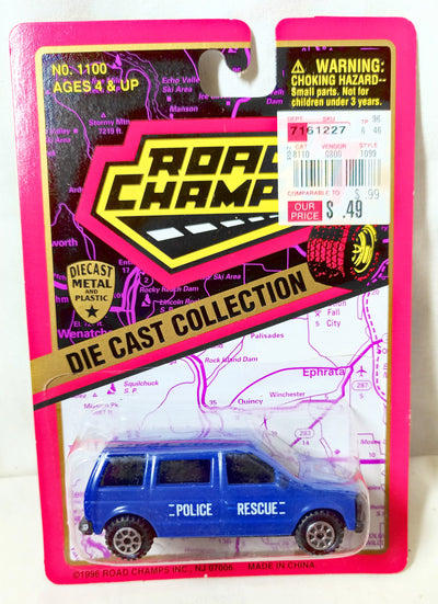 Road Champs No. 1100 1980's Dodge Caravan Police Rescue Blue 1:64 1996 - TulipStuff