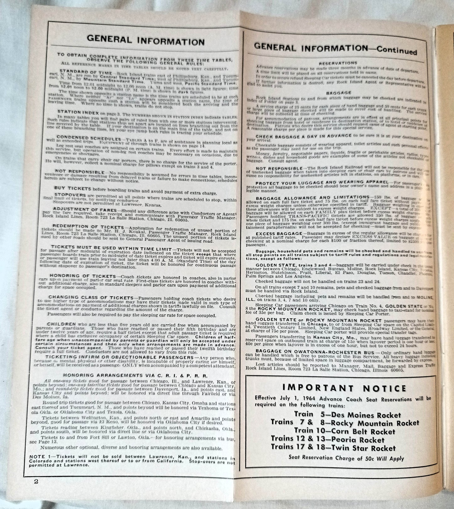 Rock Island Lines Railroad System Timetable Summer 1964 - TulipStuff