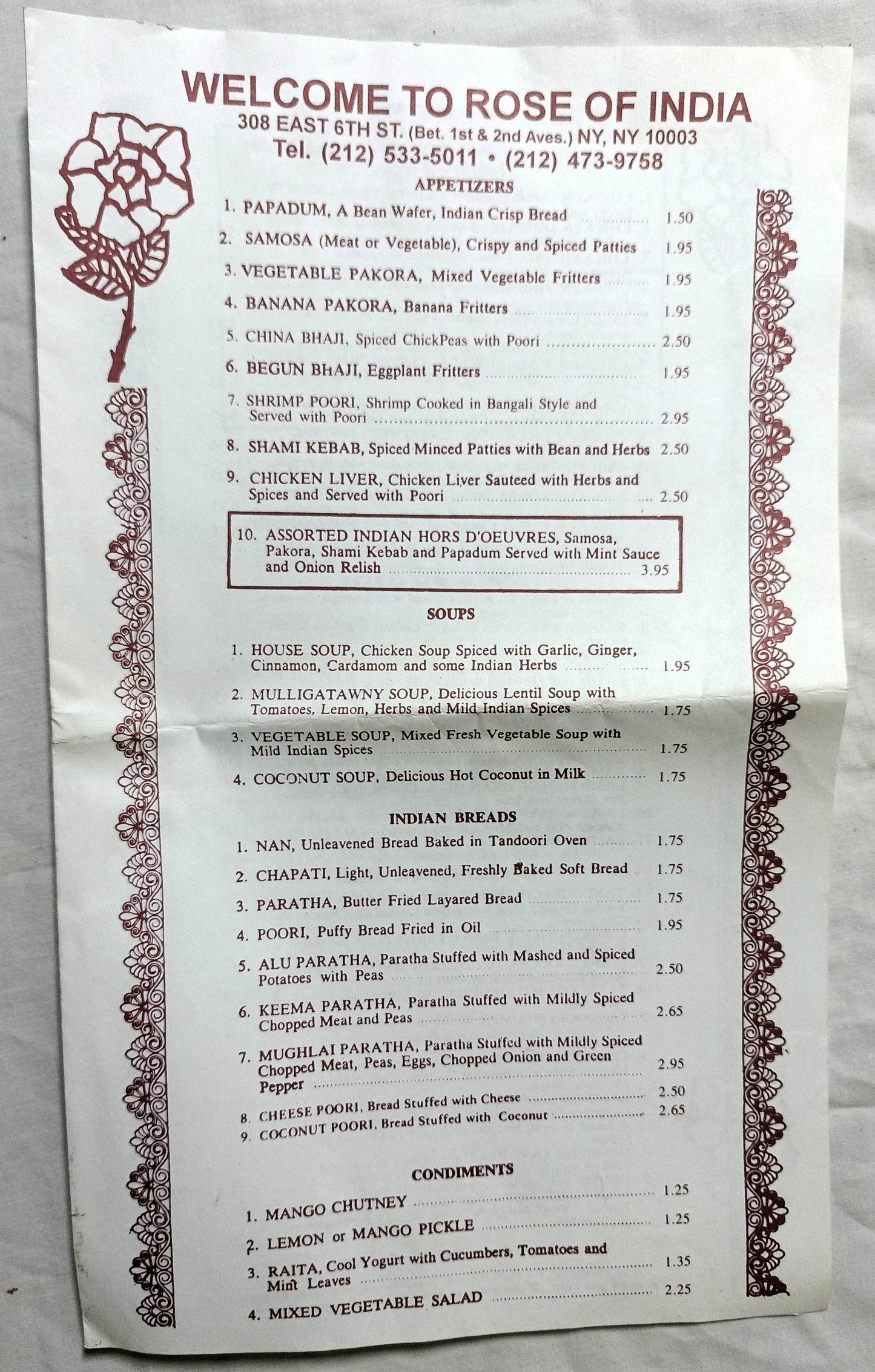 Rose Of India Restaurant E 6th Little India East Village NYC Menu 1990's - TulipStuff