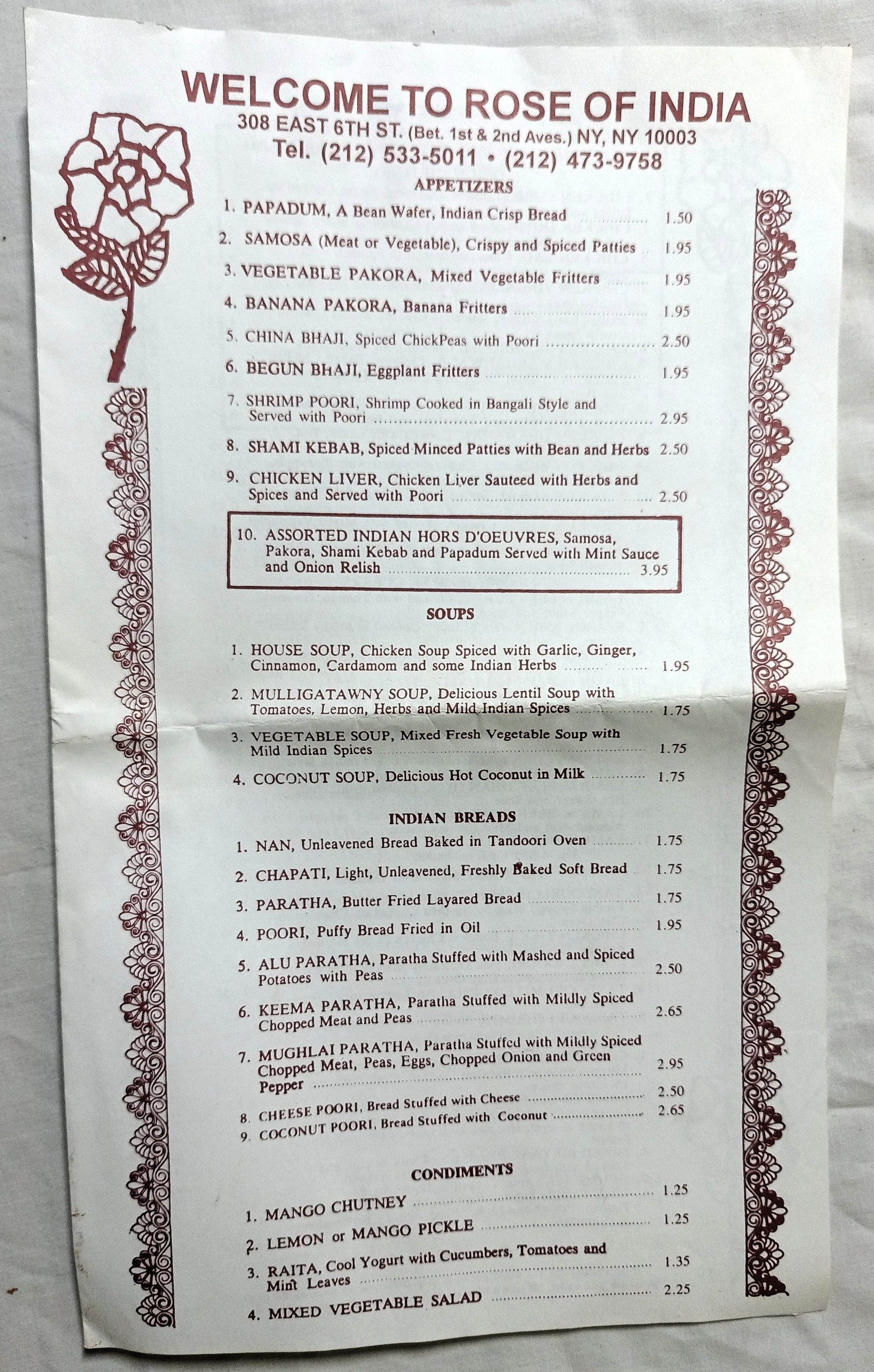 Rose Of India Restaurant E 6th Little India East Village NYC Menu 1990's - TulipStuff