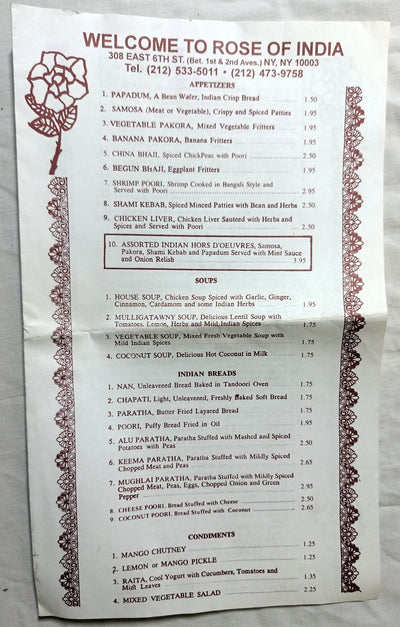 Rose Of India Restaurant E 6th Little India East Village NYC Menu 1990's - TulipStuff