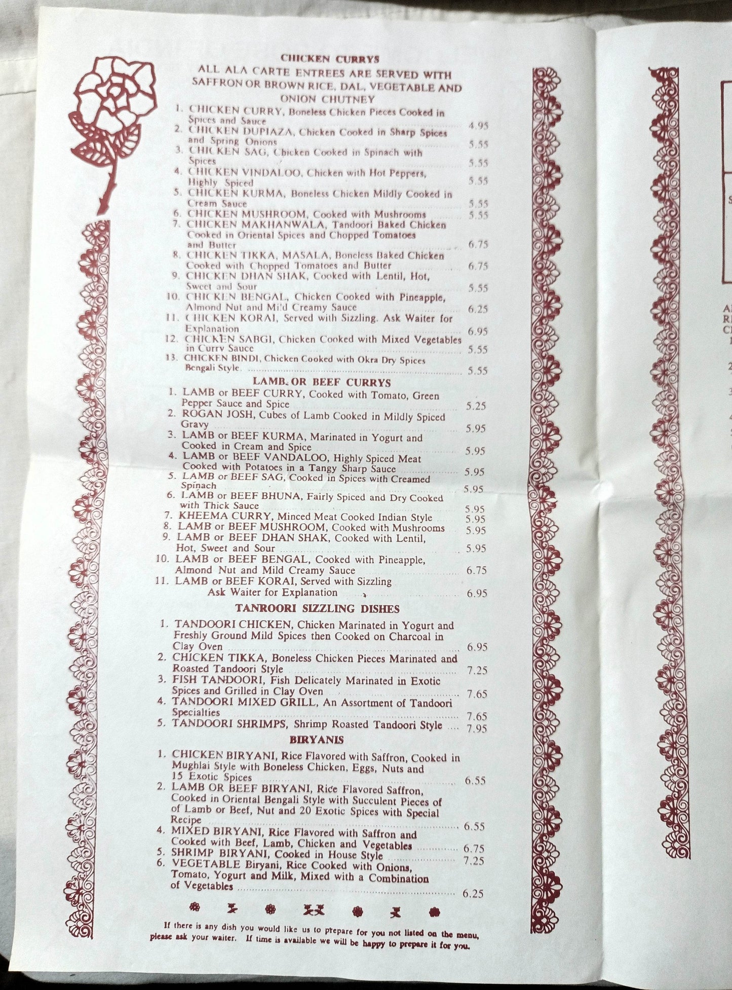 Rose Of India Restaurant E 6th Little India East Village NYC Menu 1990's - TulipStuff