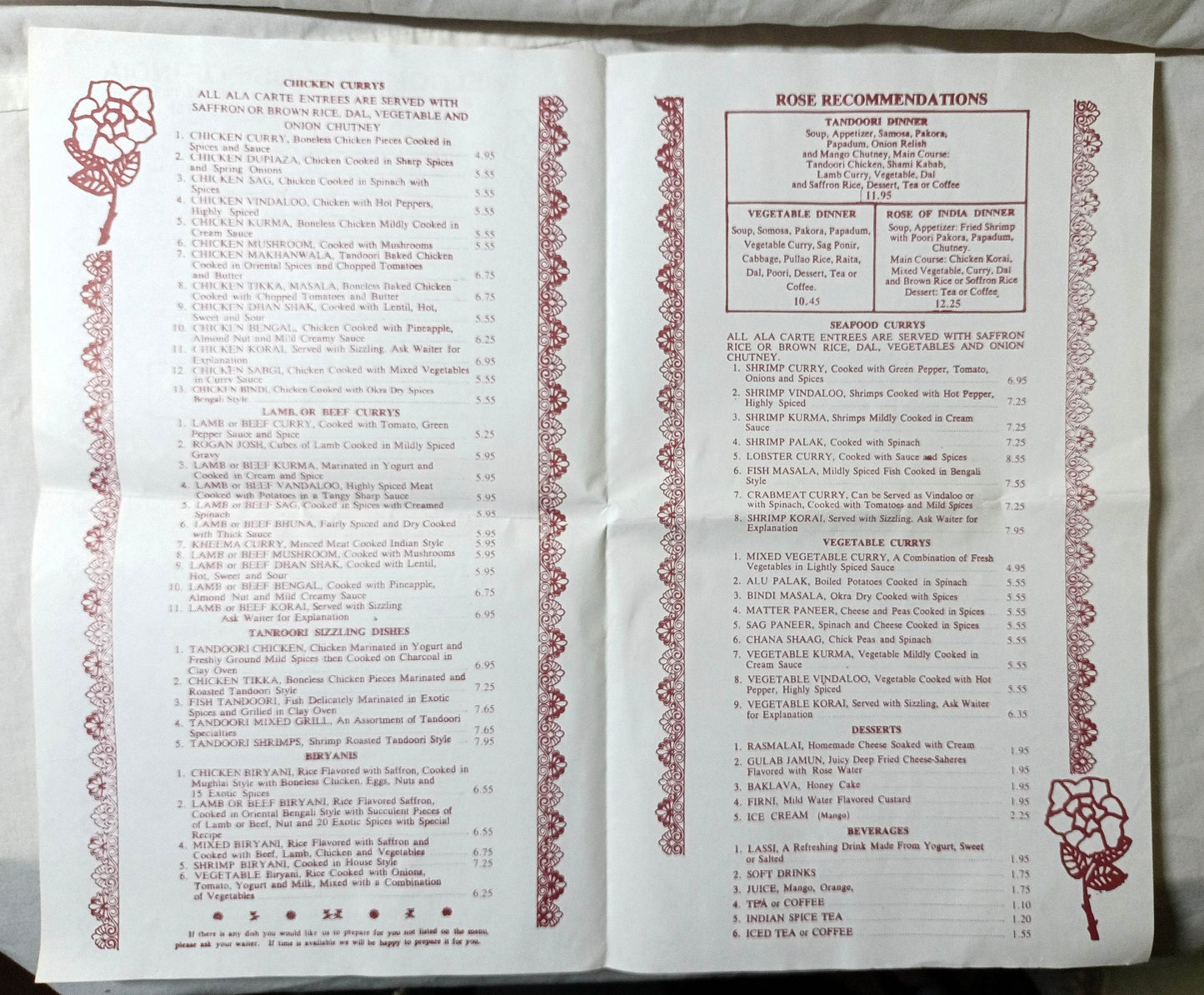 Rose Of India Restaurant E 6th Little India East Village NYC Menu 1990's - TulipStuff