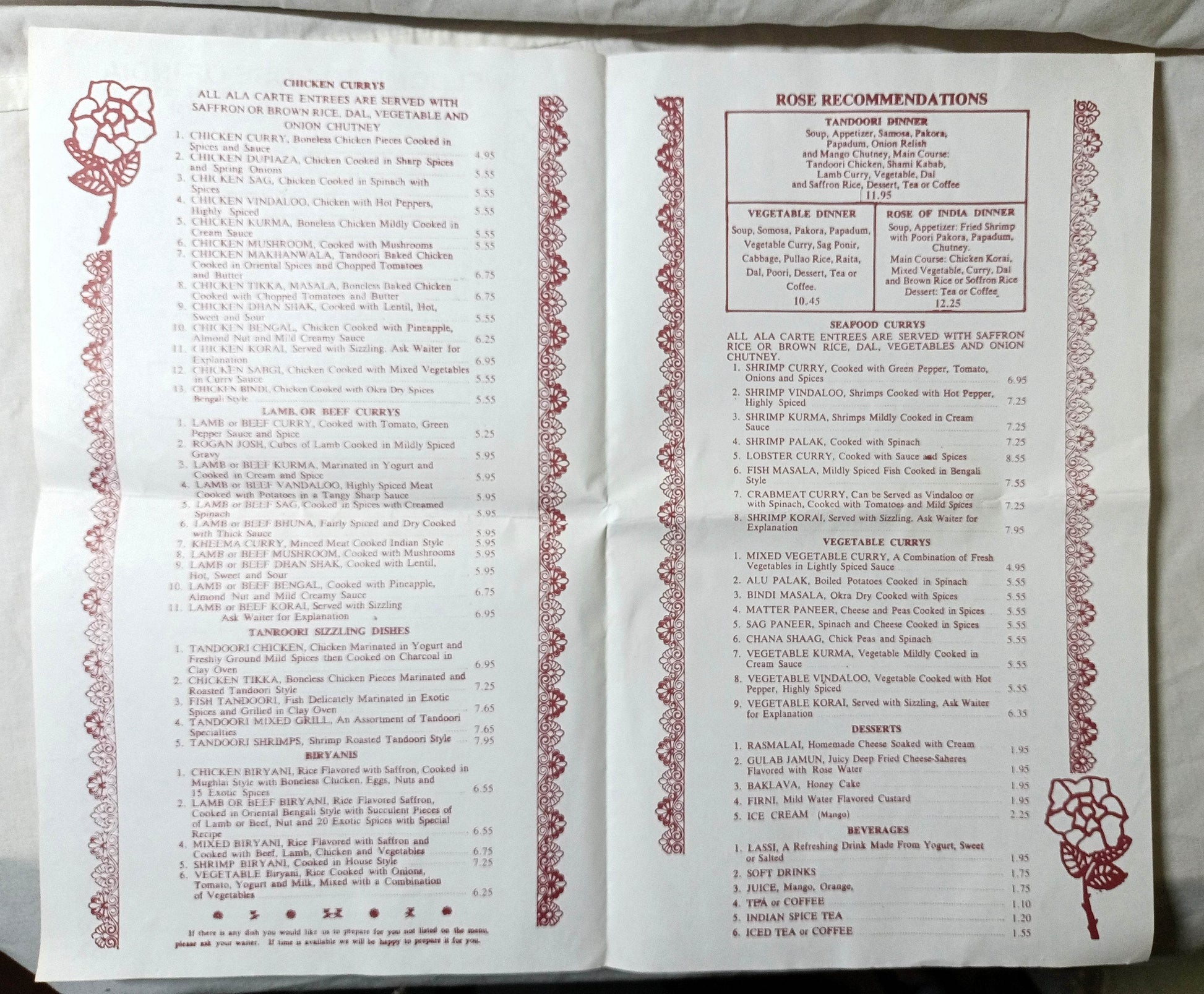 Rose Of India Restaurant E 6th Little India East Village NYC Menu 1990's - TulipStuff