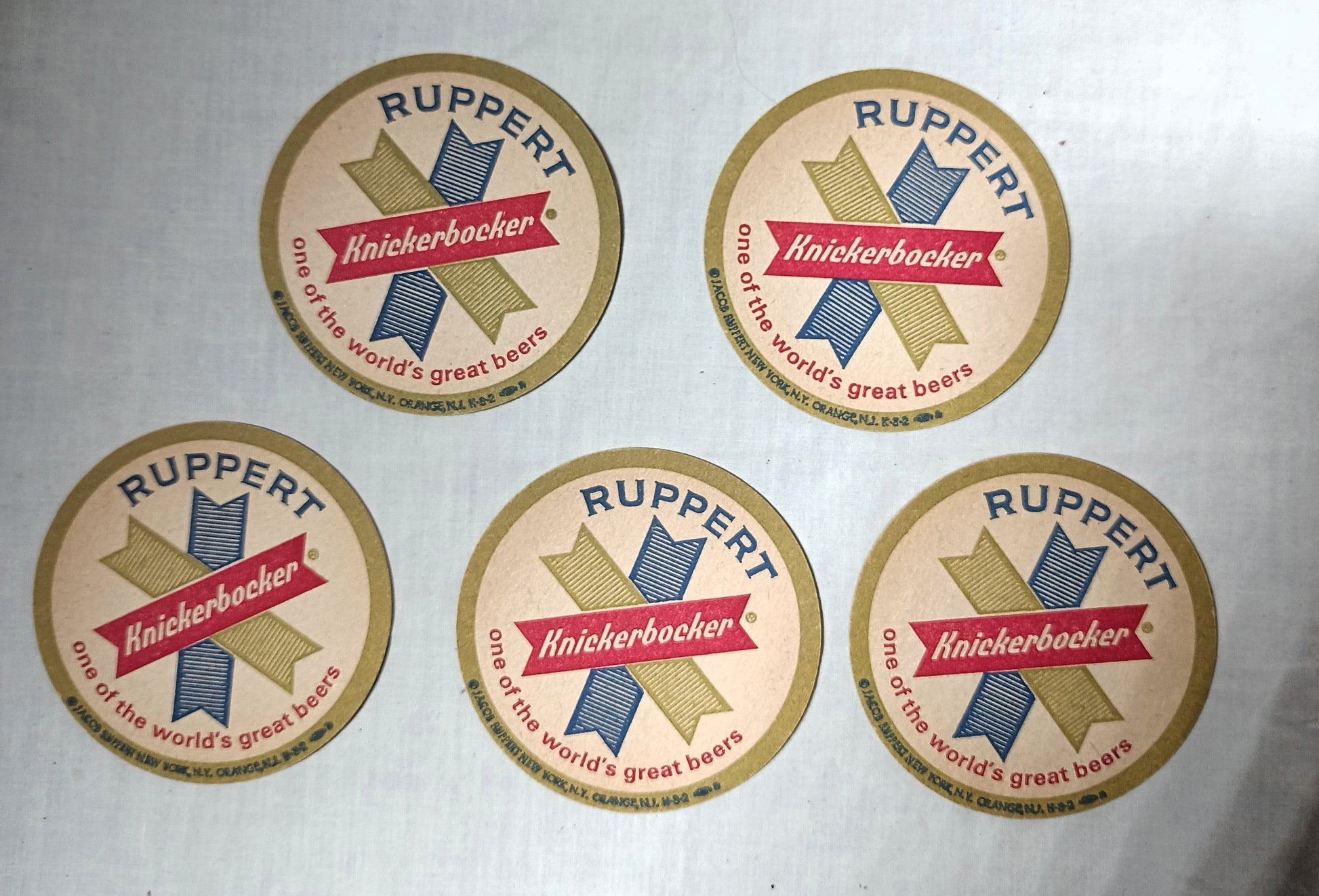 Jacob Ruppert Brewery Knickerbocker Beer Coasters Set Of 5 NYC 1961 - TulipStuff