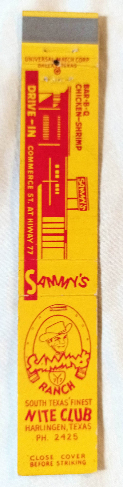 Sammy's Drive-in / Sammy's Ranch Harlingen TX Matchbook Cover 1950's - TulipStuff